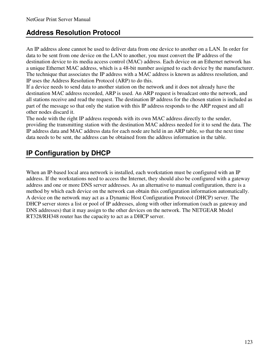 Address resolution protocol, Ip configuration by dhcp | NETGEAR PS100 User Manual | Page 132 / 142