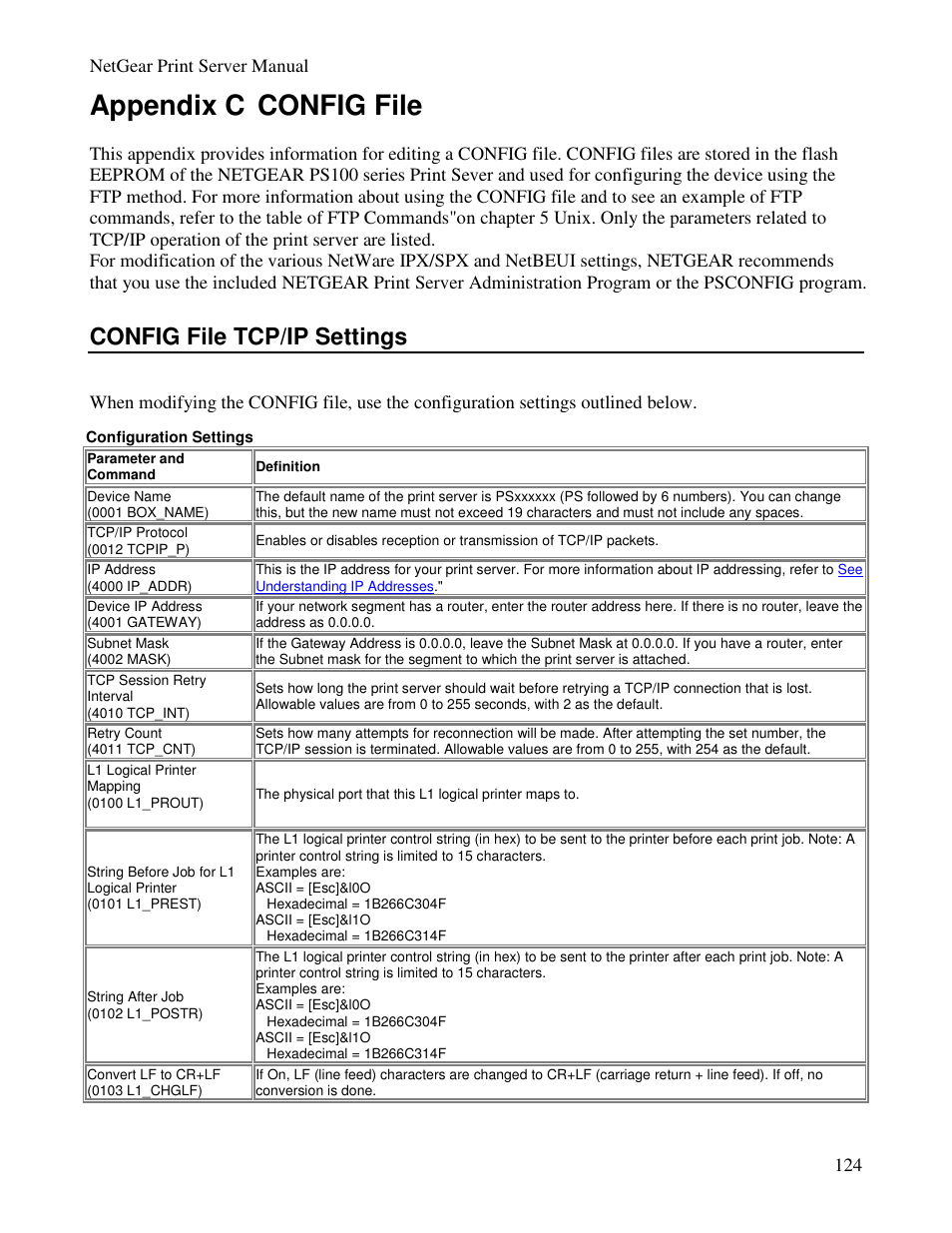 Appendix c config file, Config file tcp/ip settings | NETGEAR PS100 User Manual | Page 133 / 142