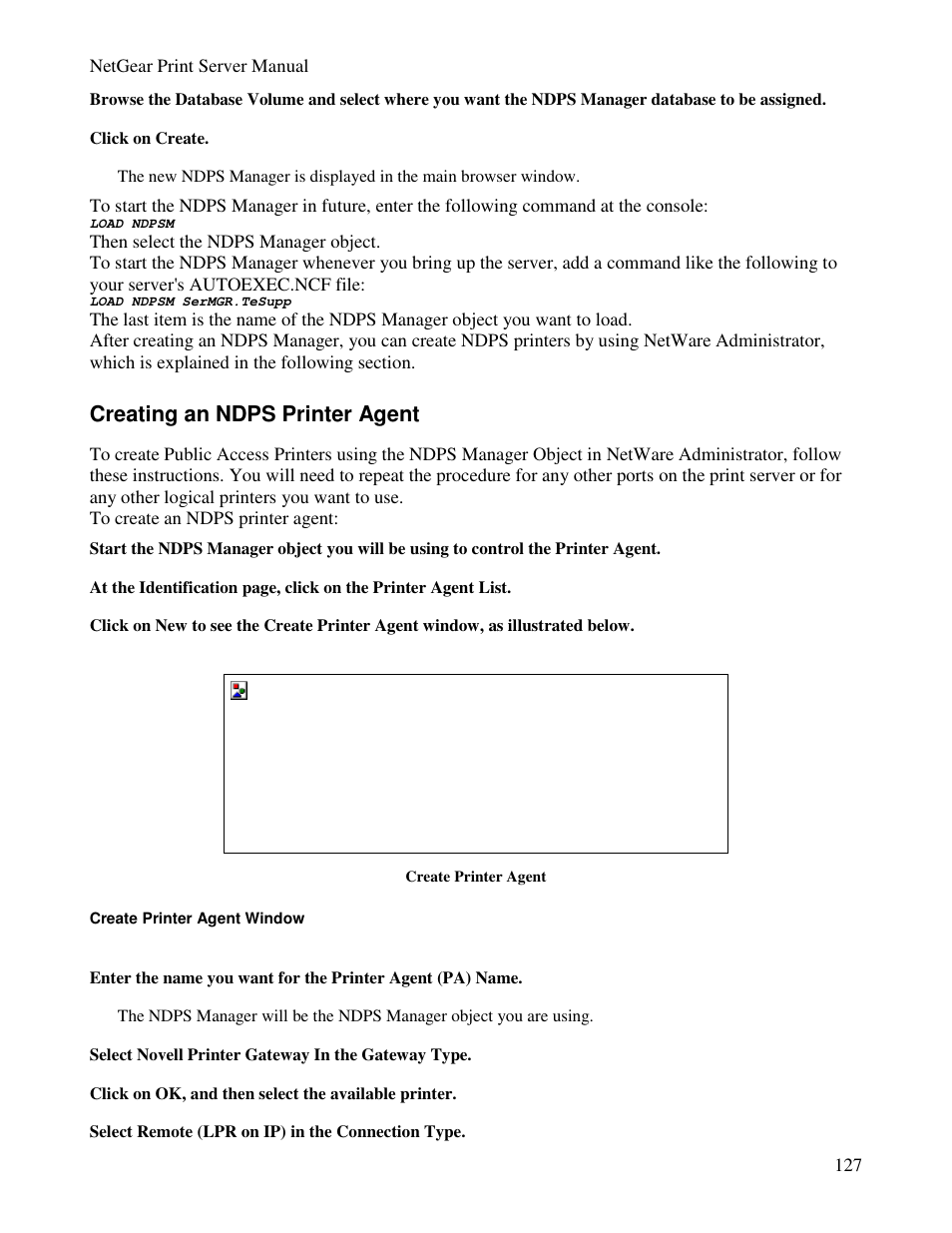 Creating an ndps printer agent | NETGEAR PS100 User Manual | Page 136 / 142