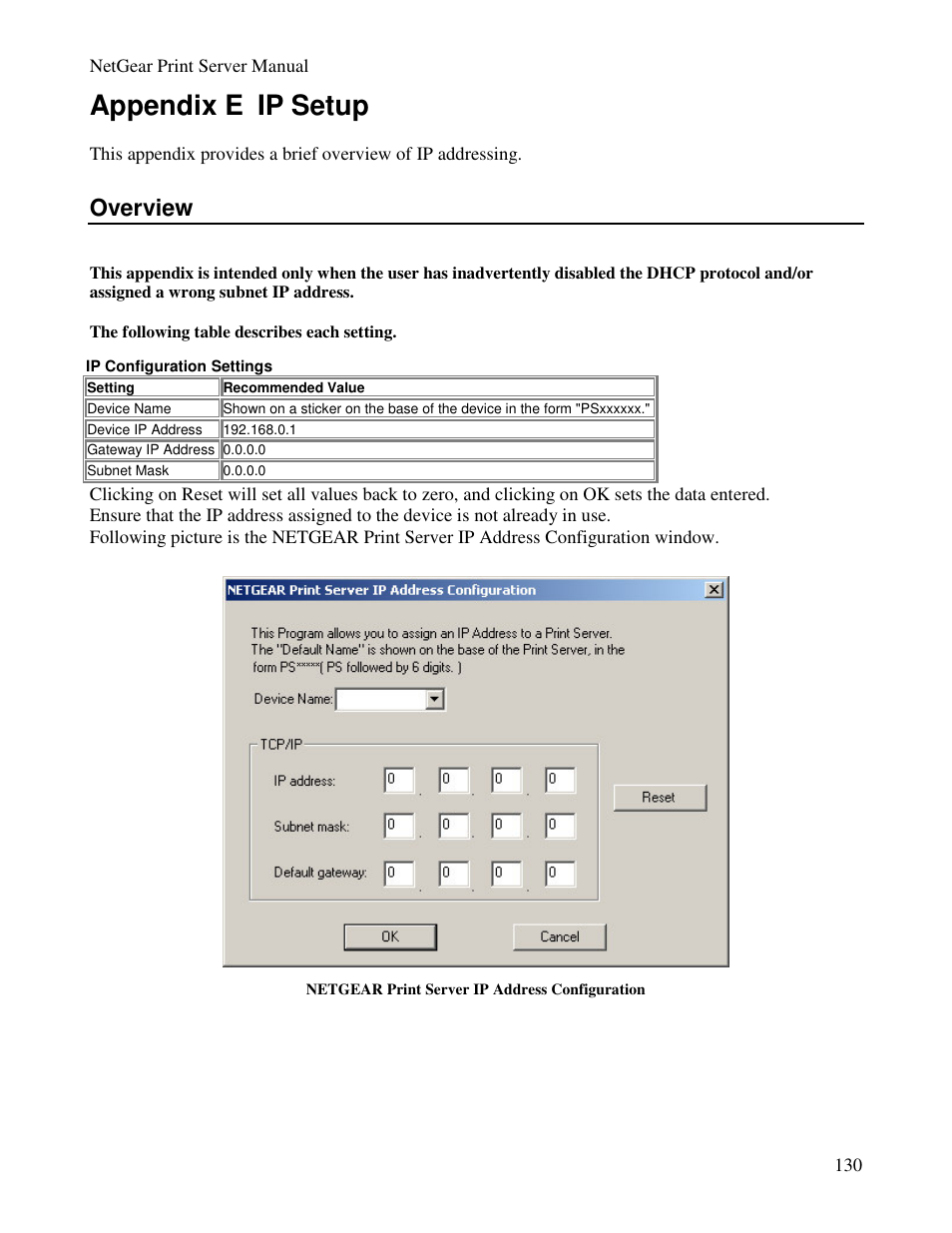 Appendix e ip setup, Overview | NETGEAR PS100 User Manual | Page 139 / 142