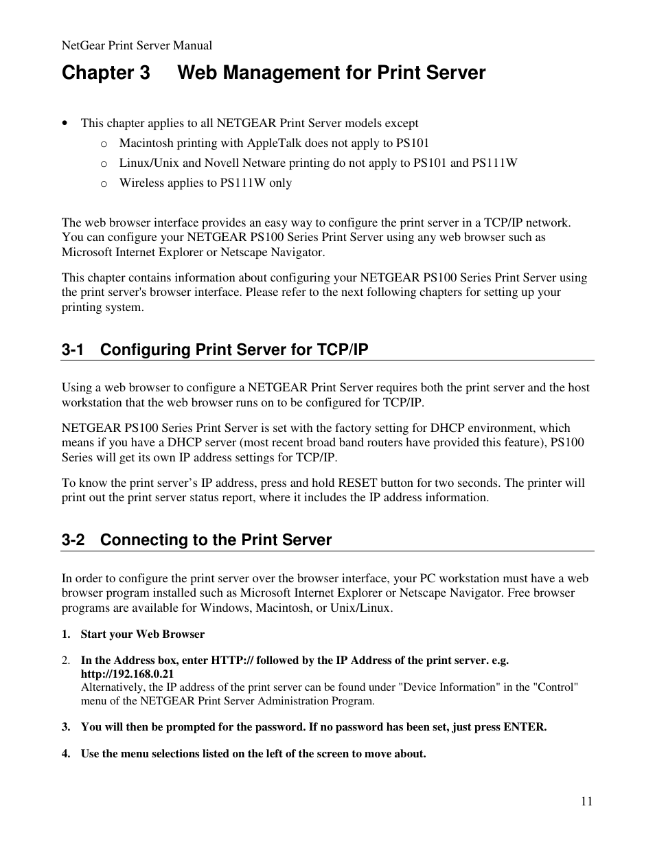 Chapter 3 web management for print server, 1 configuring print server for tcp/ip, 2 connecting to the print server | NETGEAR PS100 User Manual | Page 20 / 142