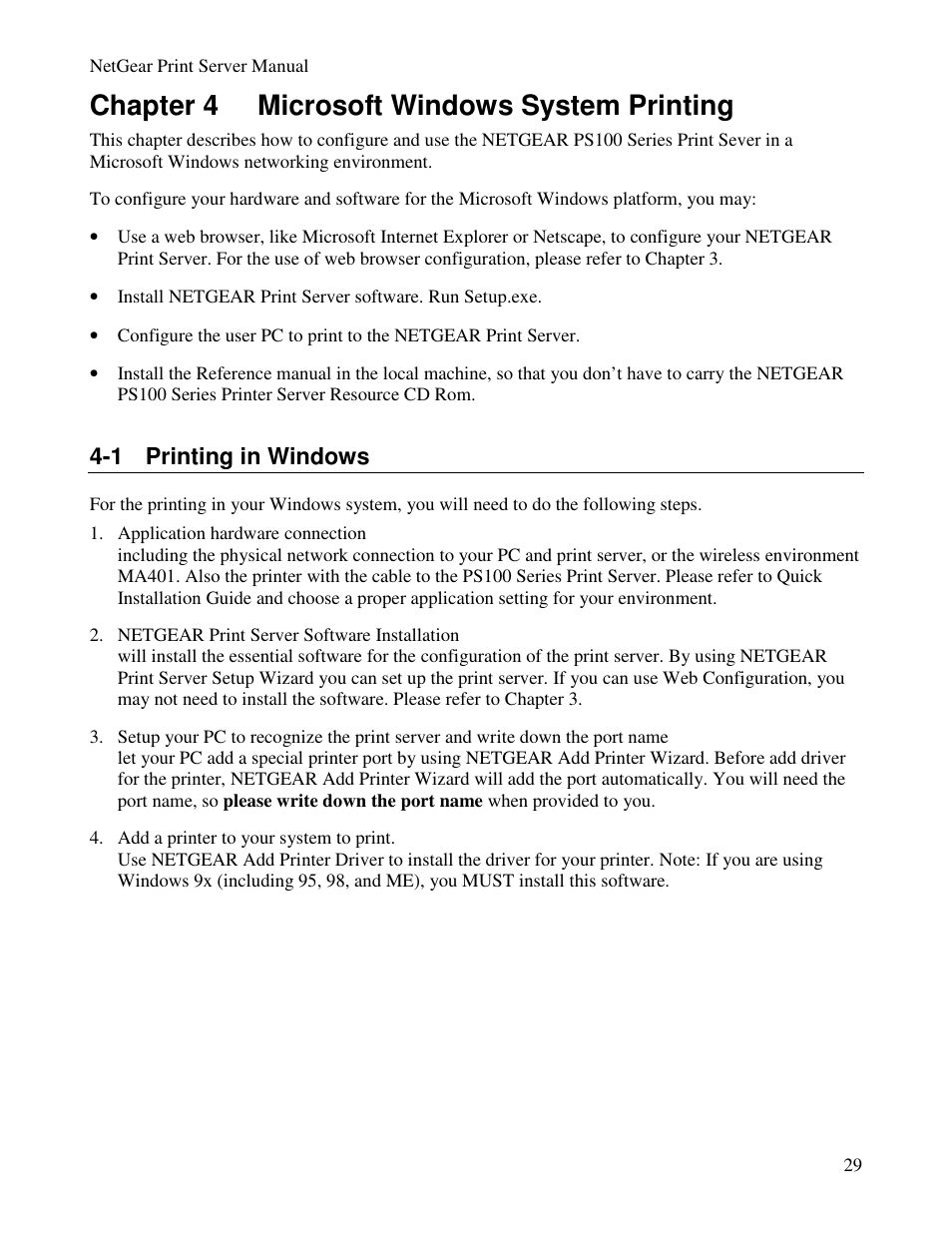 Chapter 4 microsoft windows system printing, 1 printing in windows | NETGEAR PS100 User Manual | Page 38 / 142