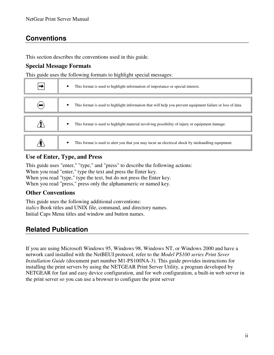 Conventions, Related publication | NETGEAR PS100 User Manual | Page 6 / 142