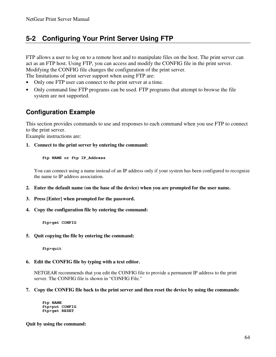 2 configuring your print server using ftp, Configuration example | NETGEAR PS100 User Manual | Page 73 / 142