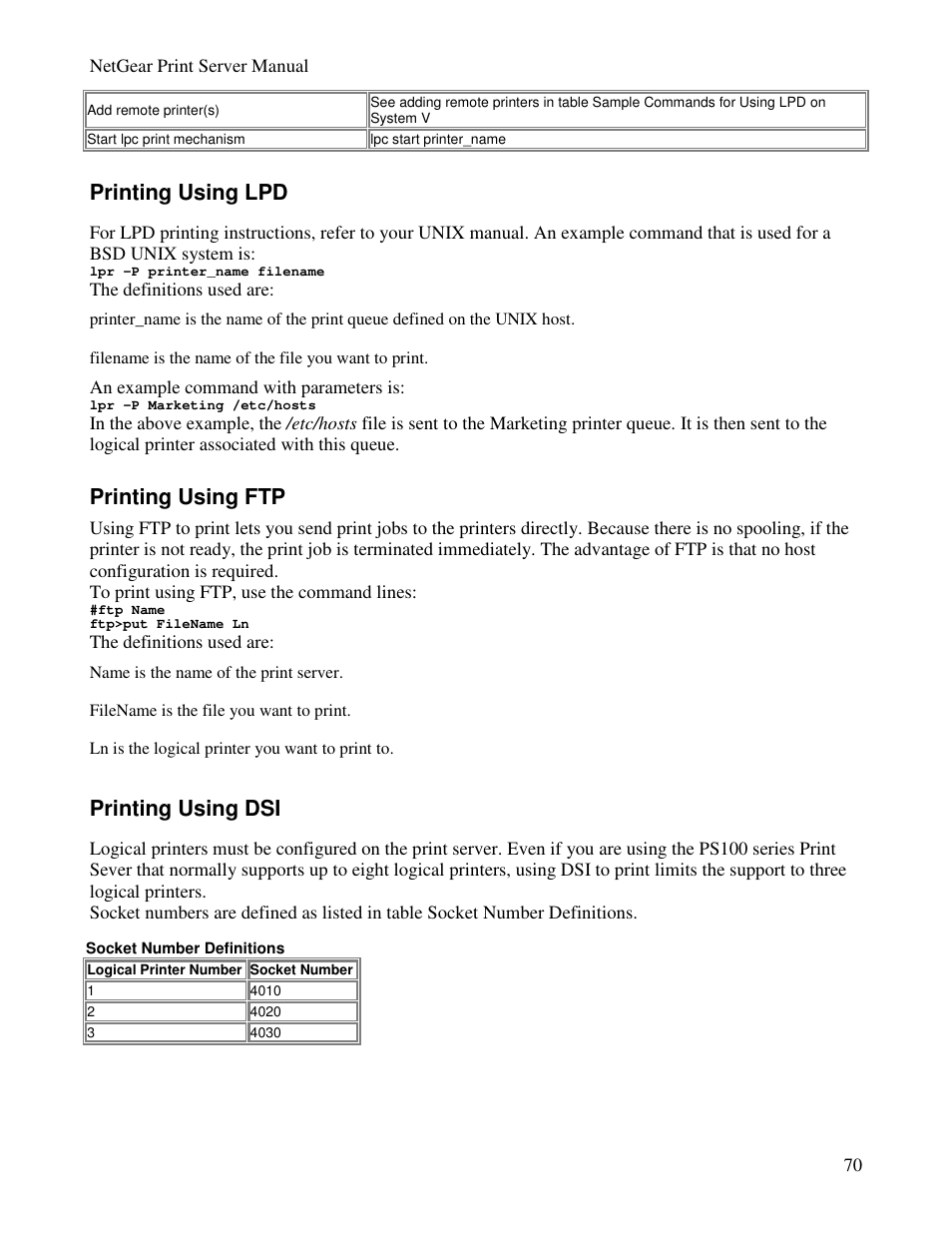 Printing using lpd, Printing using ftp, Printing using dsi | NETGEAR PS100 User Manual | Page 79 / 142