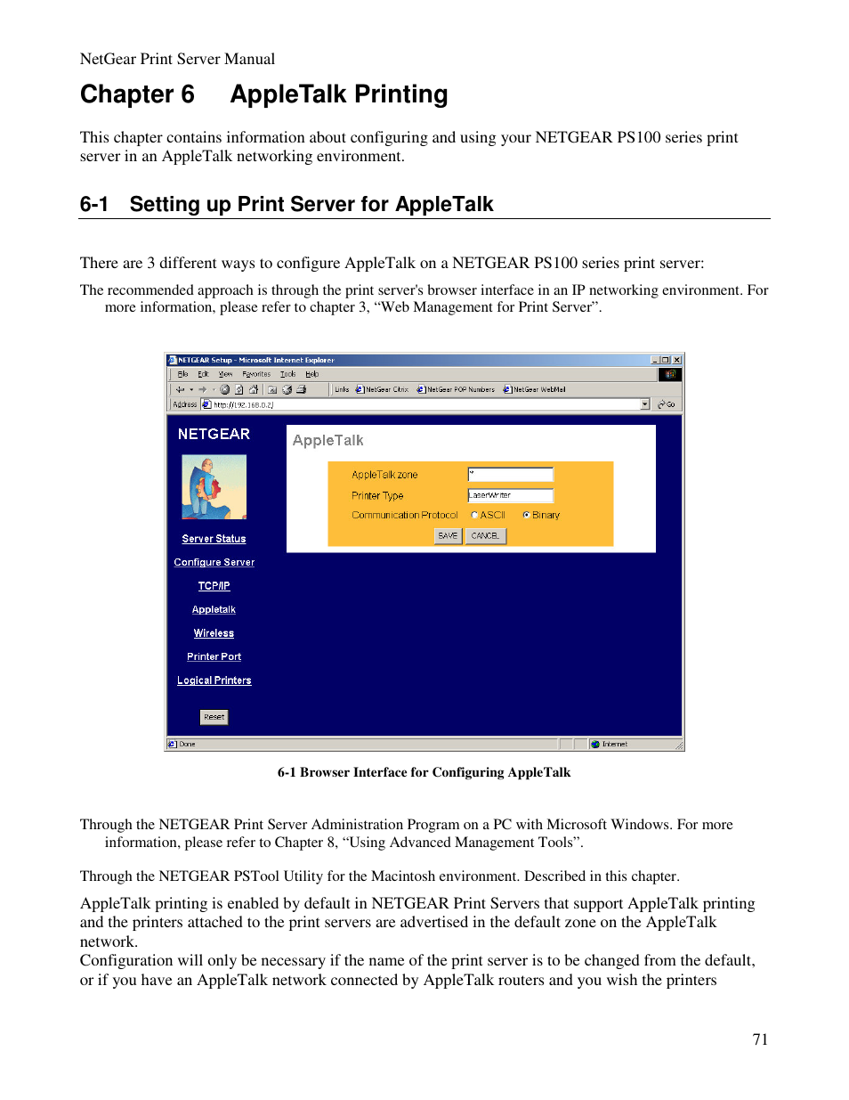 Chapter 6 appletalk printing, 1 setting up print server for appletalk | NETGEAR PS100 User Manual | Page 80 / 142