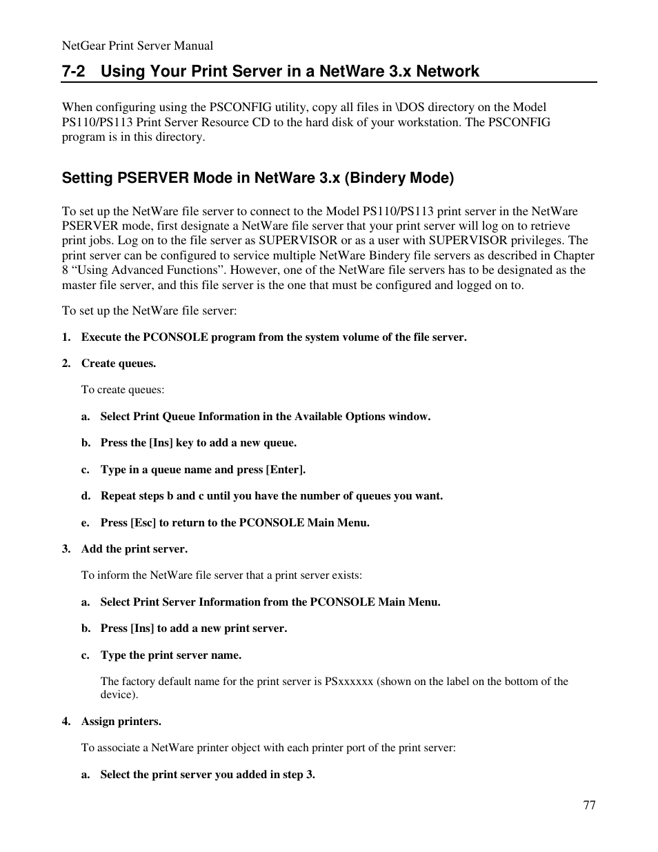 2 using your print server in a netware 3.x network | NETGEAR PS100 User Manual | Page 86 / 142