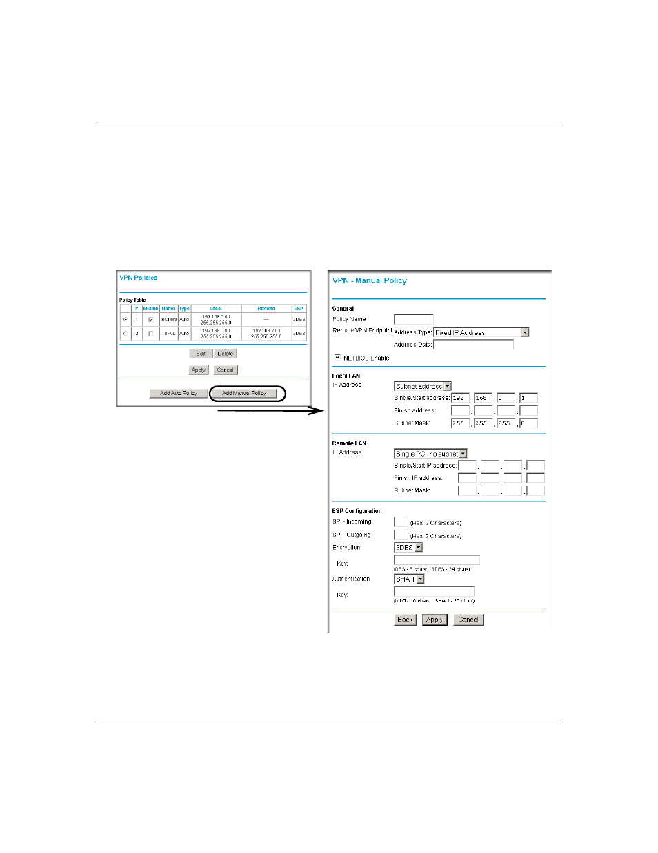 Using manual policy to configure vpn tunnels, Using manual policy to configure vpn tunnels -48 | NETGEAR ADSL Firewall Router DG834 User Manual | Page 138 / 236