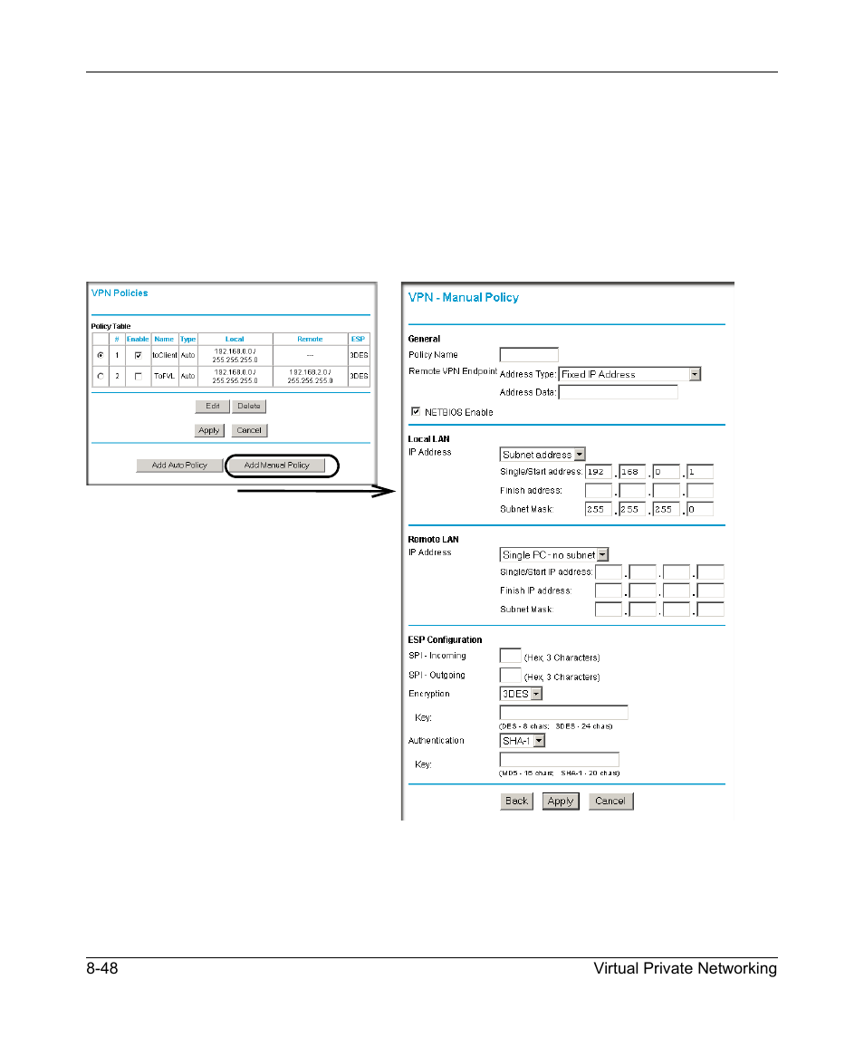 Using manual policy to configure vpn tunnels, Using manual policy to configure vpn tunnels -49, Manual | NETGEAR ADSL MODEM WIRELESS DG834G User Manual | Page 156 / 204