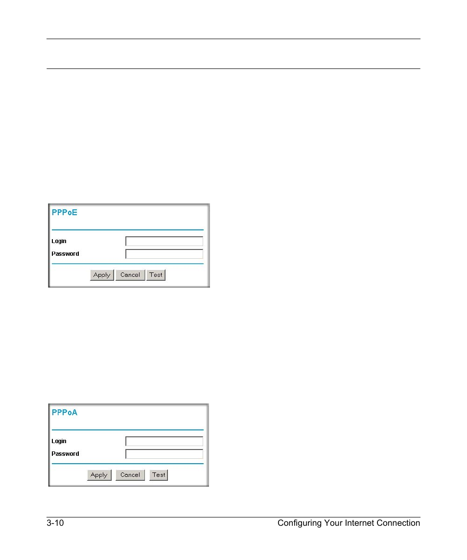 Auto-detecting your internet connection type, Wizard-detected pppoe login account setup, Wizard-detected pppoa login account setup | Auto-detecting your internet connection type -10 | NETGEAR ADSL MODEM WIRELESS DG834G User Manual | Page 34 / 204