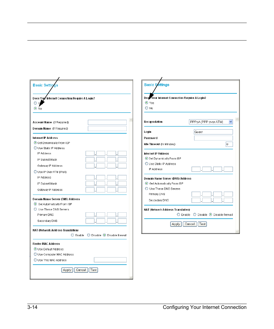 Manually configuring your internet connection, Manually configuring your internet connection -14 | NETGEAR ADSL MODEM WIRELESS DG834G User Manual | Page 38 / 204