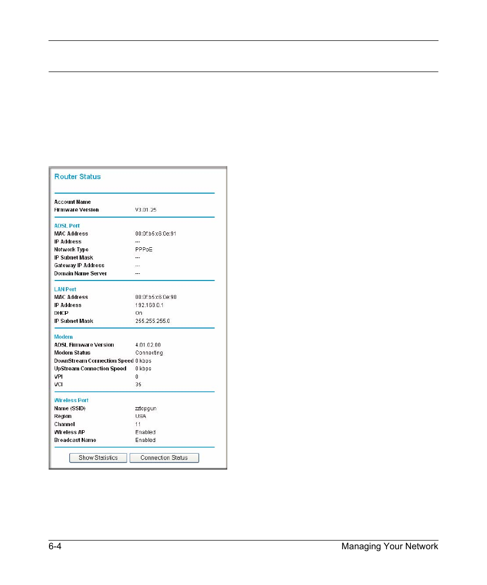 Network management information, Viewing modem router status and usage statistics, Network management information -4 | NETGEAR ADSL MODEM WIRELESS DG834G User Manual | Page 80 / 204