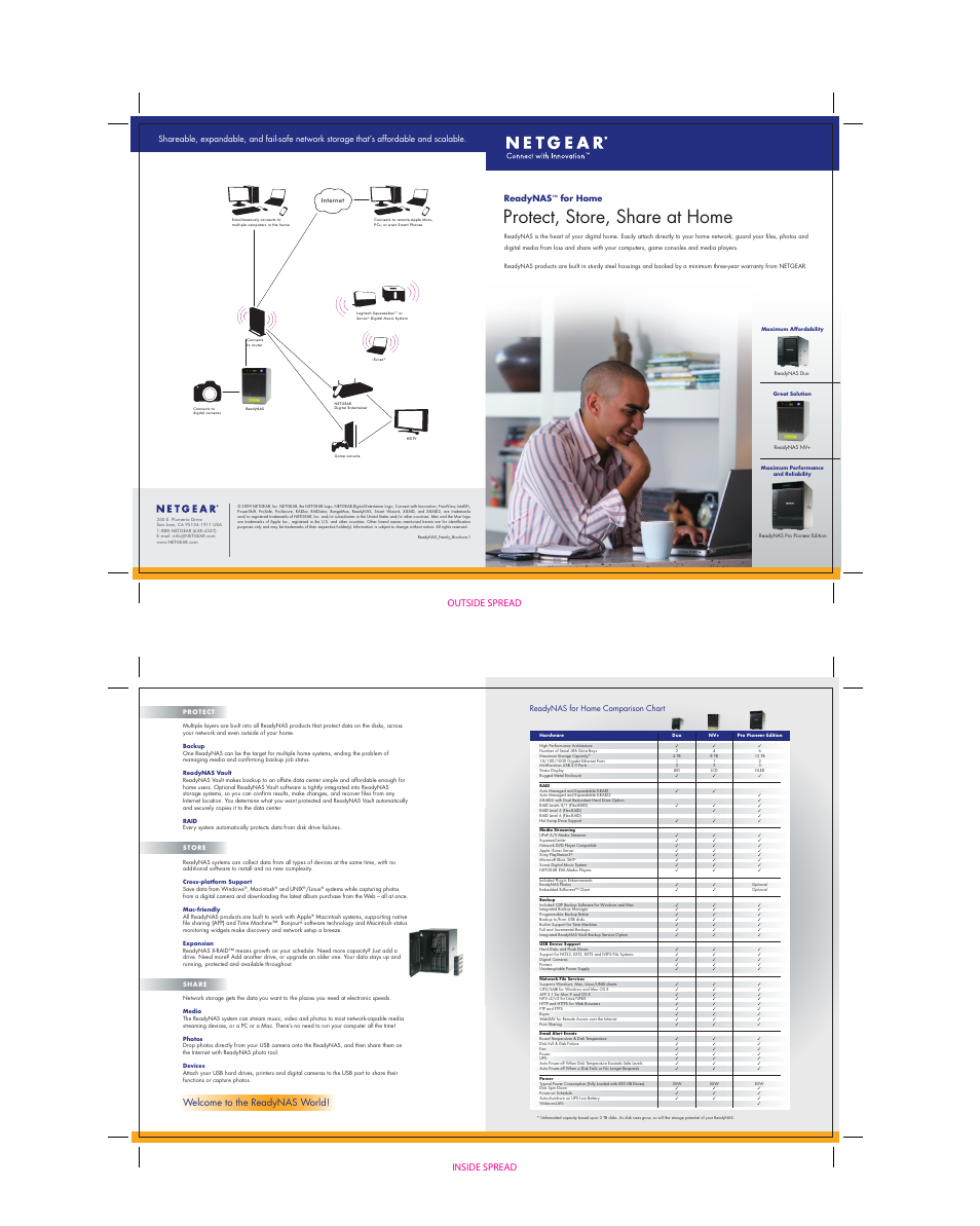 Protect, store, share at home, Welcome to the readynas world, Outside spread inside spread | Readynas, For home | NETGEAR ReadyNAS Pro Pioneer Edition User Manual | Page 3 / 4