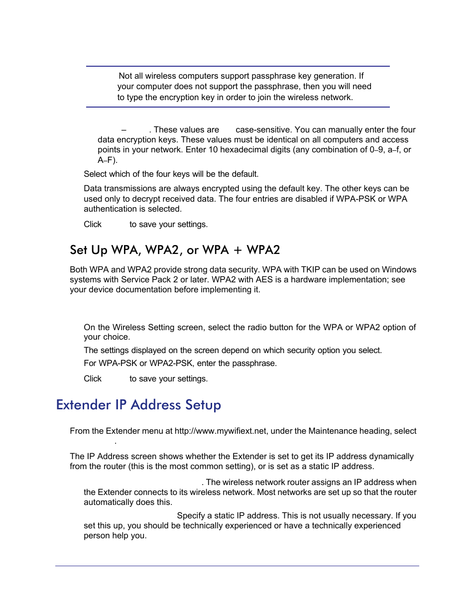 Set up wpa, wpa2, or wpa + wpa2, Extender ip address setup | NETGEAR Universal WiFi Range Extender WN3000RP User Manual | Page 18 / 32