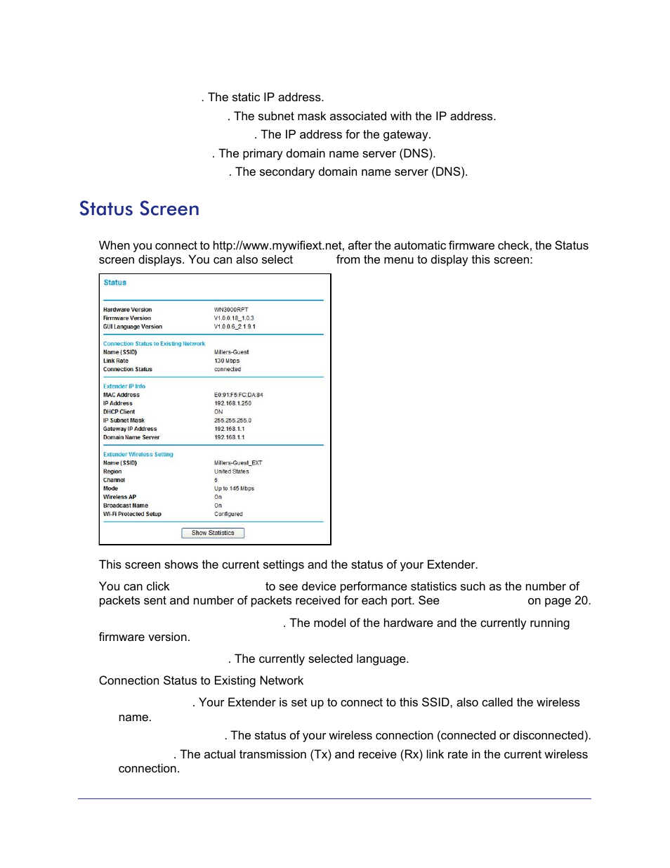 Status screen | NETGEAR Universal WiFi Range Extender WN3000RP User Manual | Page 19 / 32