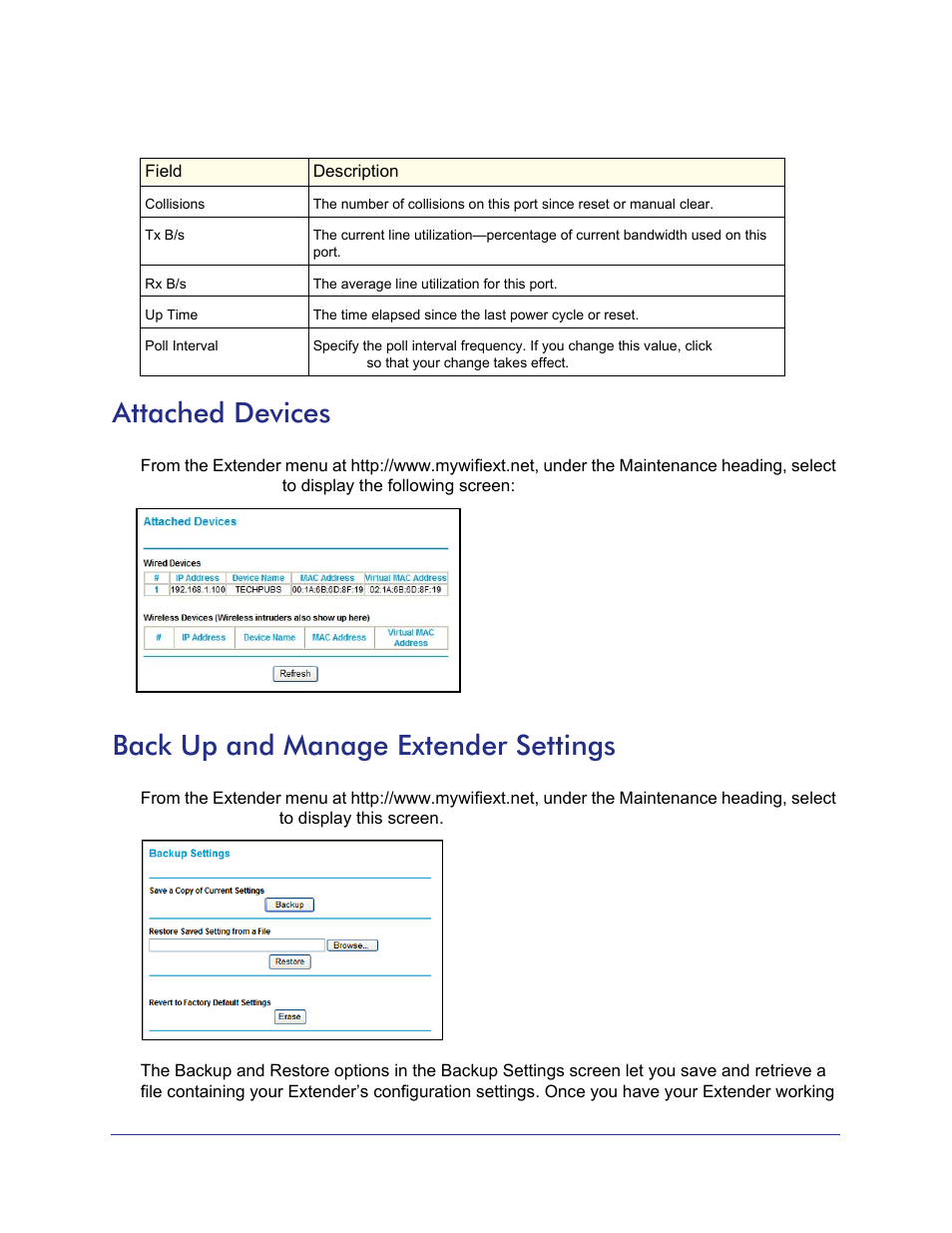 Attached devices, Back up and manage extender settings | NETGEAR Universal WiFi Range Extender WN3000RP User Manual | Page 21 / 32