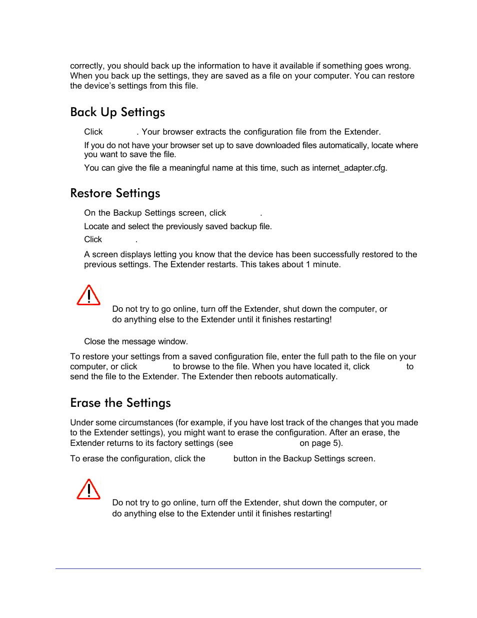 Back up settings, Restore settings, Erase the settings | NETGEAR Universal WiFi Range Extender WN3000RP User Manual | Page 22 / 32