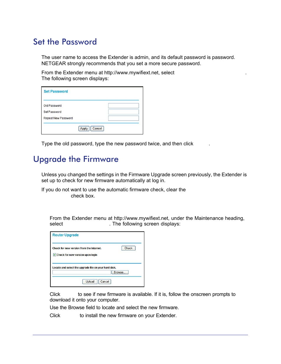 Set the password, Upgrade the firmware, Set the password upgrade the firmware | 23), and the software automatically checks for | NETGEAR Universal WiFi Range Extender WN3000RP User Manual | Page 23 / 32