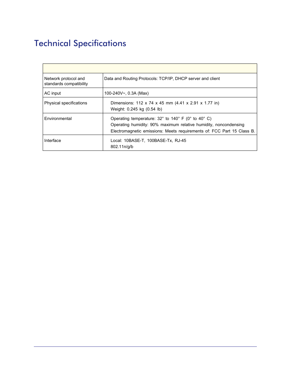 Technical specifications | NETGEAR Universal WiFi Range Extender WN3000RP User Manual | Page 28 / 32