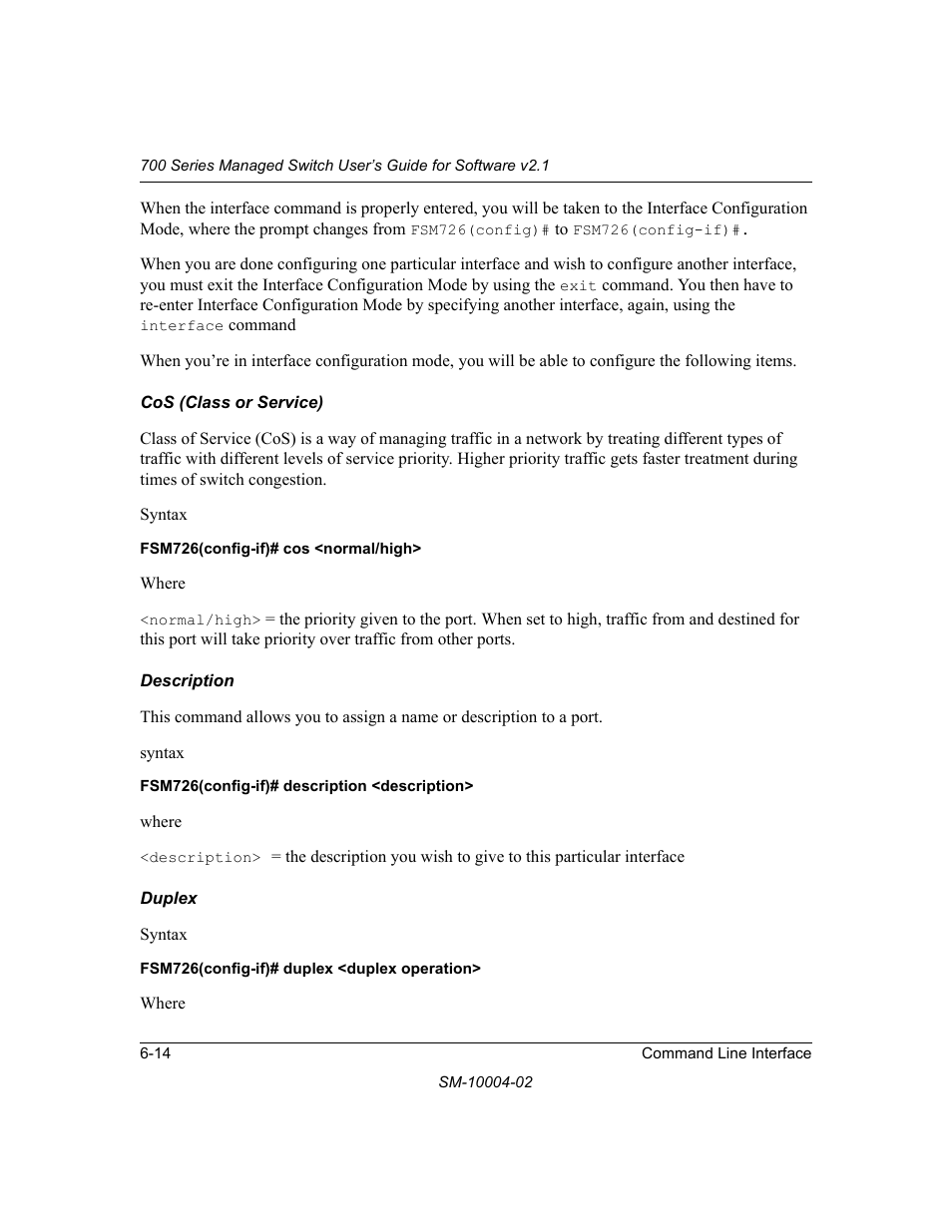 Cos (class or service), Description, Duplex | NETGEAR 700 Series Managed Switch for Software v2.1 User Manual | Page 104 / 152