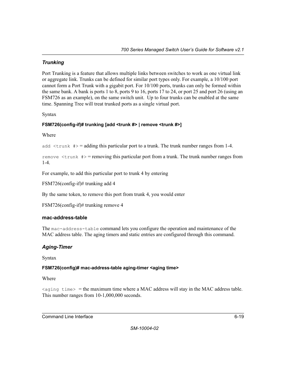 Trunking, Mac-address-table, Aging-timer | Mac-address-table -19 | NETGEAR 700 Series Managed Switch for Software v2.1 User Manual | Page 109 / 152