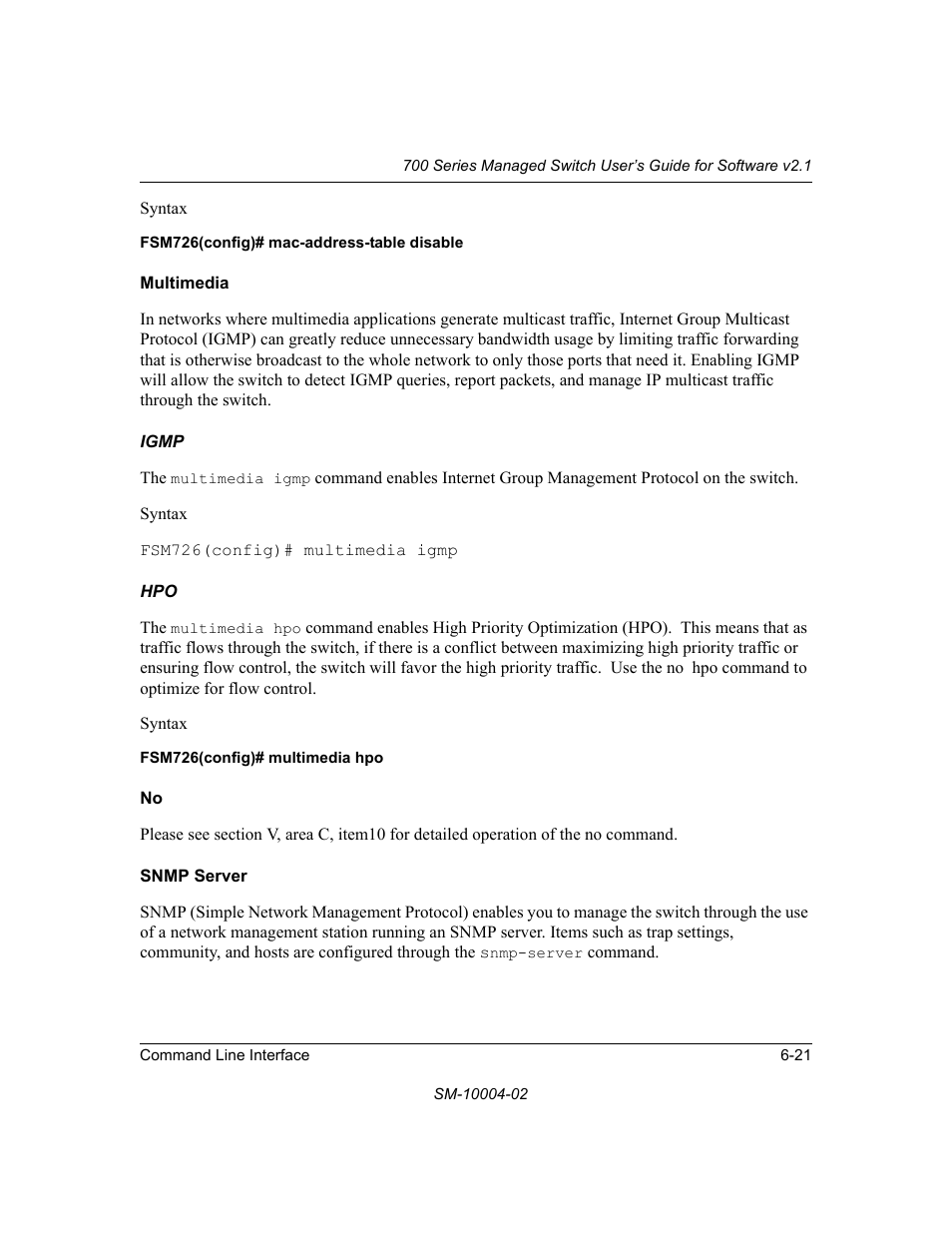 Multimedia, Igmp, Snmp server | Multimedia -21 no -21, Snmp server -21 | NETGEAR 700 Series Managed Switch for Software v2.1 User Manual | Page 111 / 152