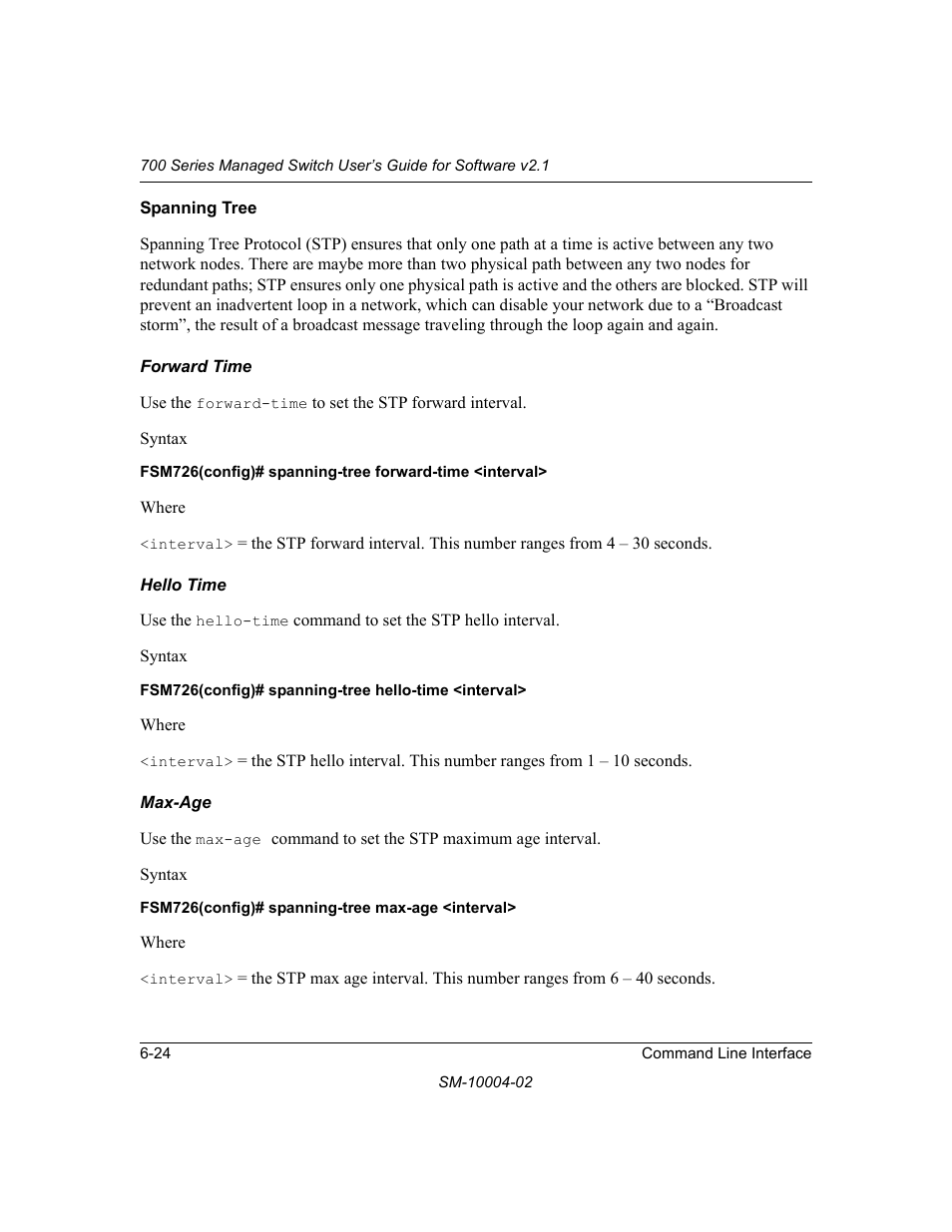 Spanning tree, Forward time, Hello time | Max-age, Spanning tree -24 | NETGEAR 700 Series Managed Switch for Software v2.1 User Manual | Page 114 / 152