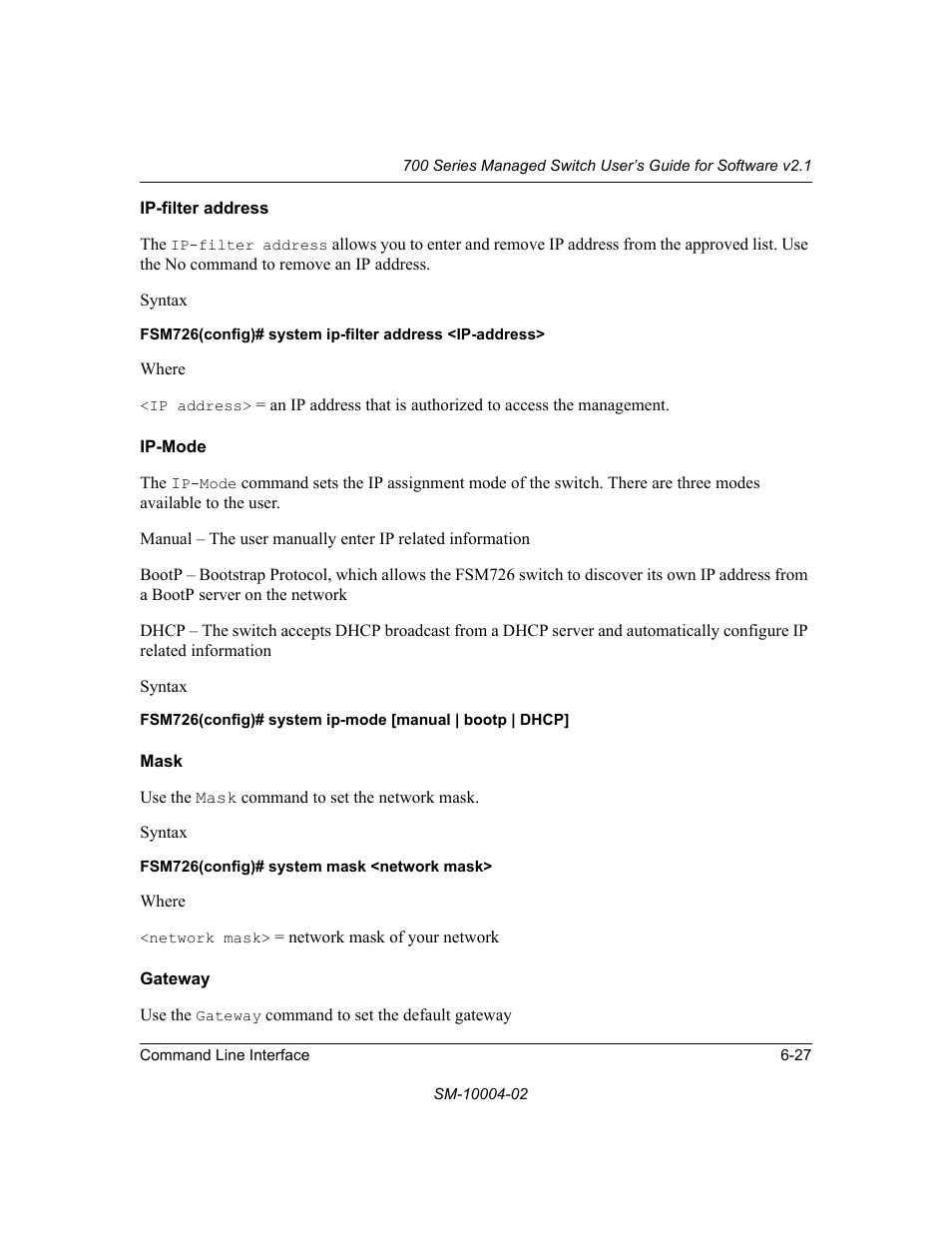 Ip-filter address, Ip-mode, Mask | Gateway | NETGEAR 700 Series Managed Switch for Software v2.1 User Manual | Page 117 / 152