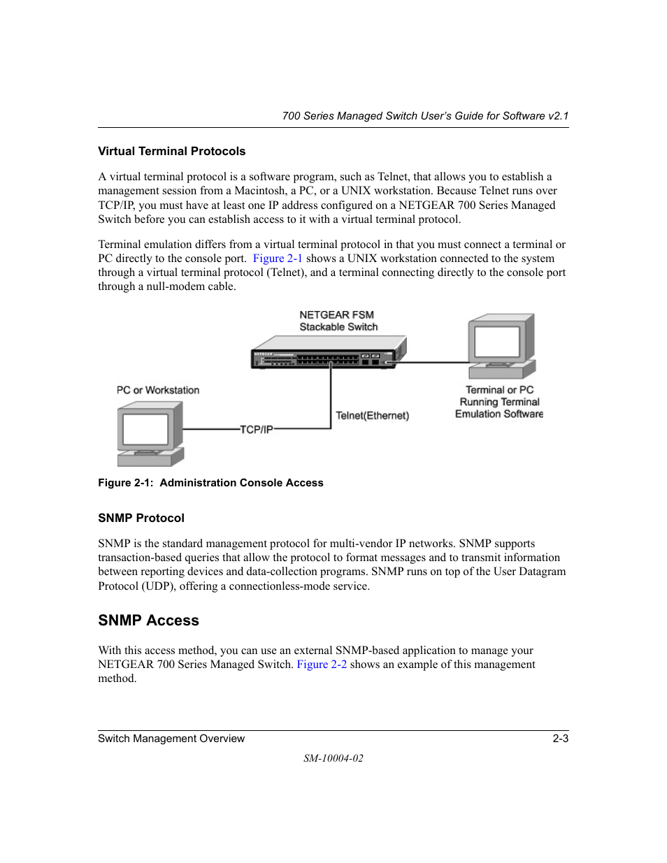 Virtual terminal protocols, Snmp protocol, Snmp access | Virtual terminal protocols -3 snmp protocol -3, Snmp access -3 | NETGEAR 700 Series Managed Switch for Software v2.1 User Manual | Page 15 / 152