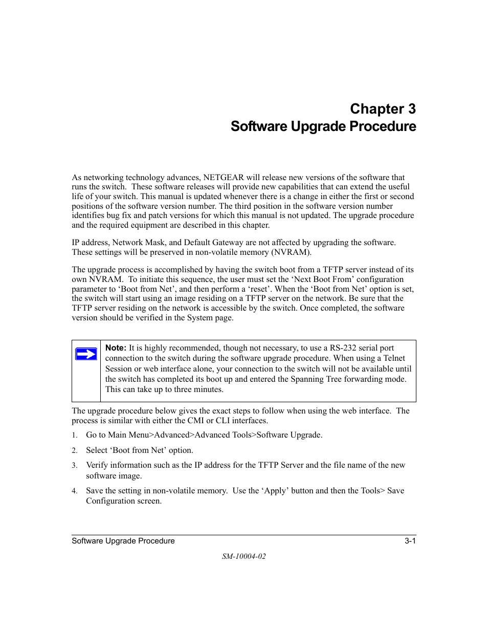 Chapter 3 software upgrade procedure, Chapter 3, Software upgrade procedure | NETGEAR 700 Series Managed Switch for Software v2.1 User Manual | Page 18 / 152