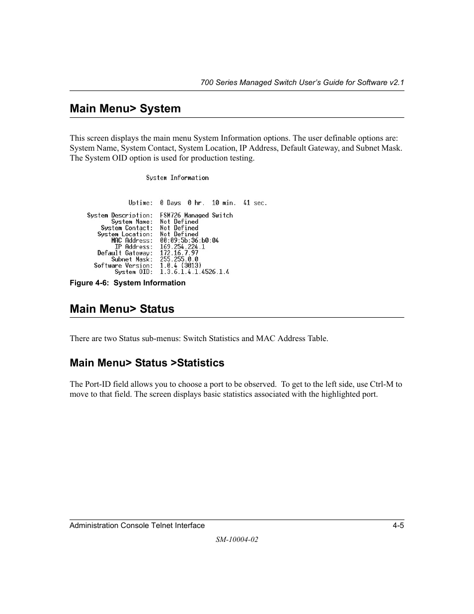 Main menu> system, Main menu> status, Main menu> status >statistics | Main menu> system -5 main menu> status -5, Main menu> status >statistics -5 | NETGEAR 700 Series Managed Switch for Software v2.1 User Manual | Page 25 / 152