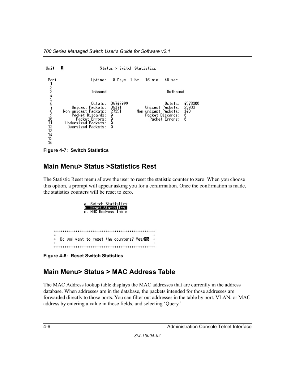 Main menu> status >statistics rest, Main menu> status > mac address table | NETGEAR 700 Series Managed Switch for Software v2.1 User Manual | Page 26 / 152