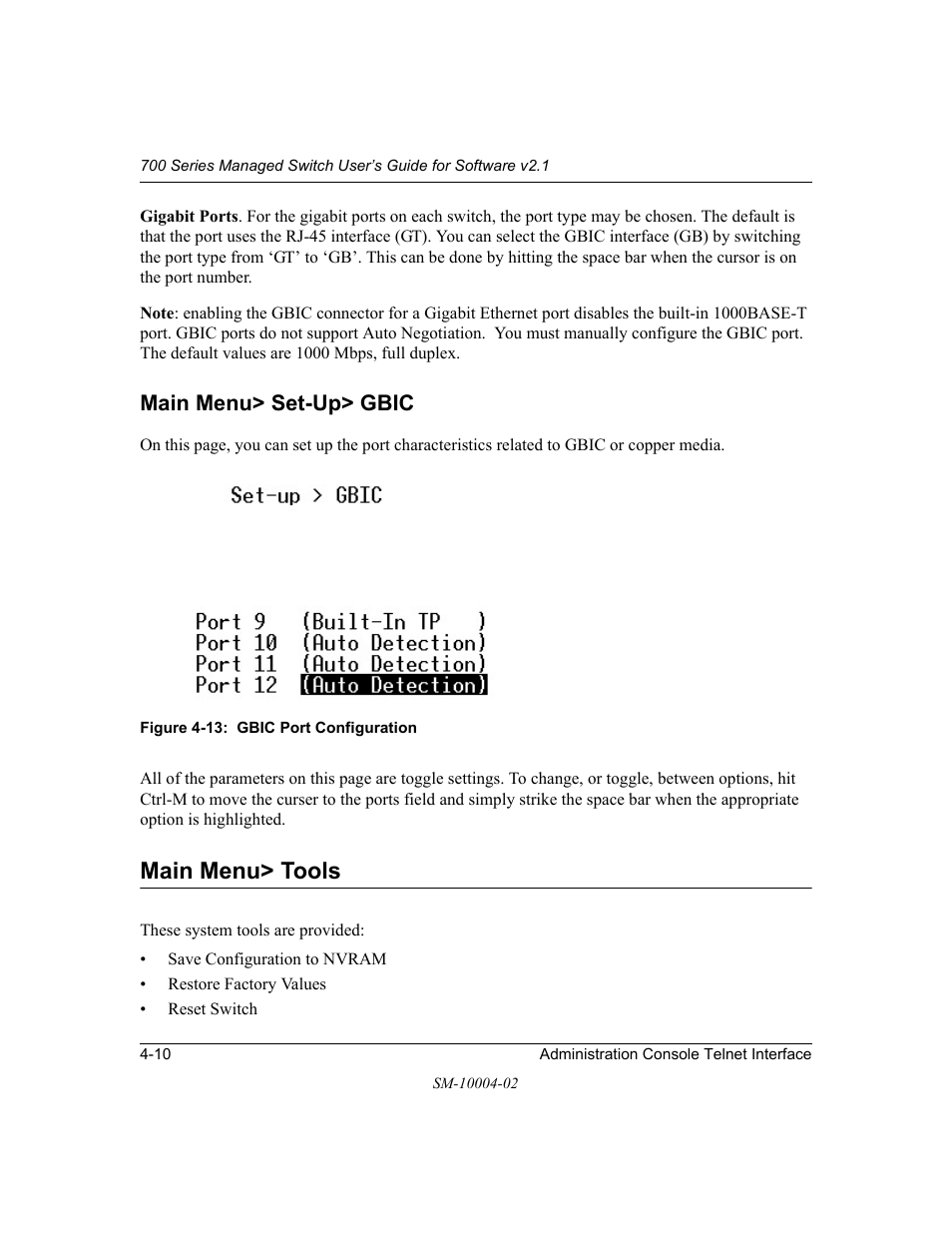 Main menu> set-up> gbic, Main menu> tools, Main menu> set-up> gbic -10 | Main menu> tools -10 | NETGEAR 700 Series Managed Switch for Software v2.1 User Manual | Page 30 / 152