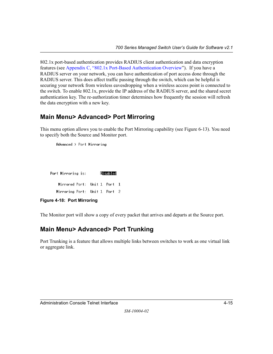 Main menu> advanced> port mirroring, Main menu> advanced> port trunking | NETGEAR 700 Series Managed Switch for Software v2.1 User Manual | Page 35 / 152