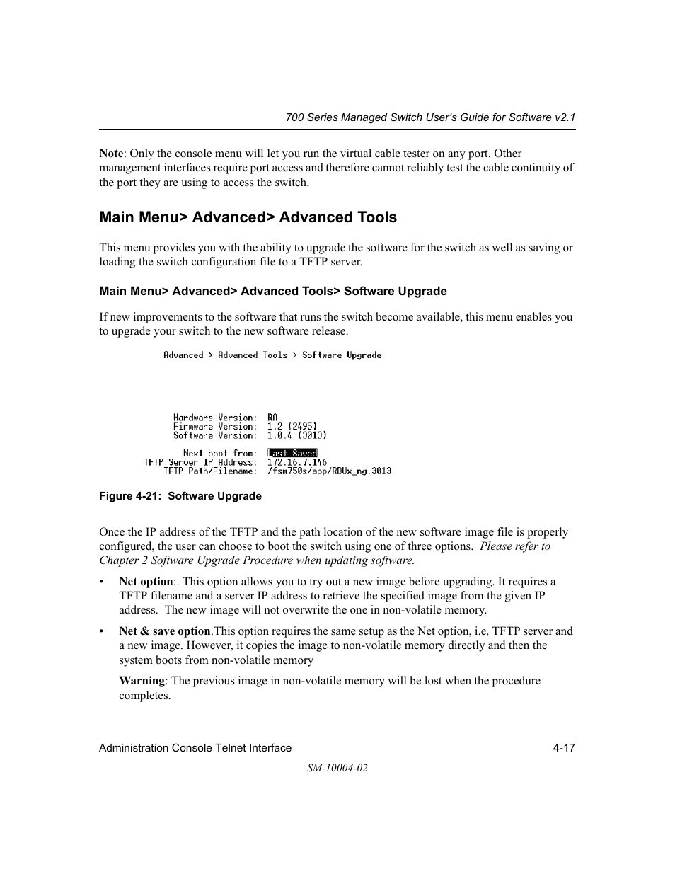 Main menu> advanced> advanced tools, Main menu> advanced> advanced tools -17 | NETGEAR 700 Series Managed Switch for Software v2.1 User Manual | Page 37 / 152