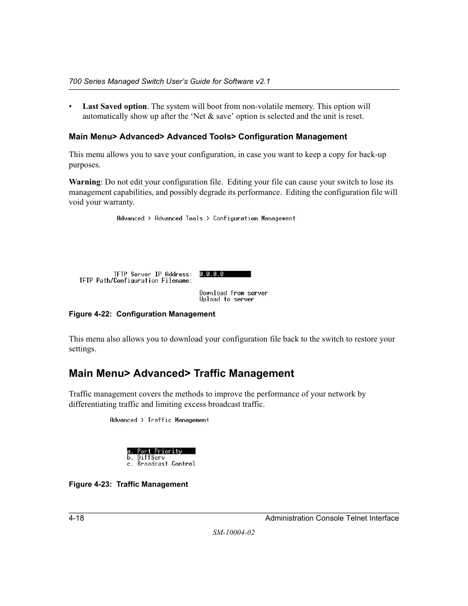 Main menu> advanced> traffic management, Main menu> advanced> traffic management -18 | NETGEAR 700 Series Managed Switch for Software v2.1 User Manual | Page 38 / 152