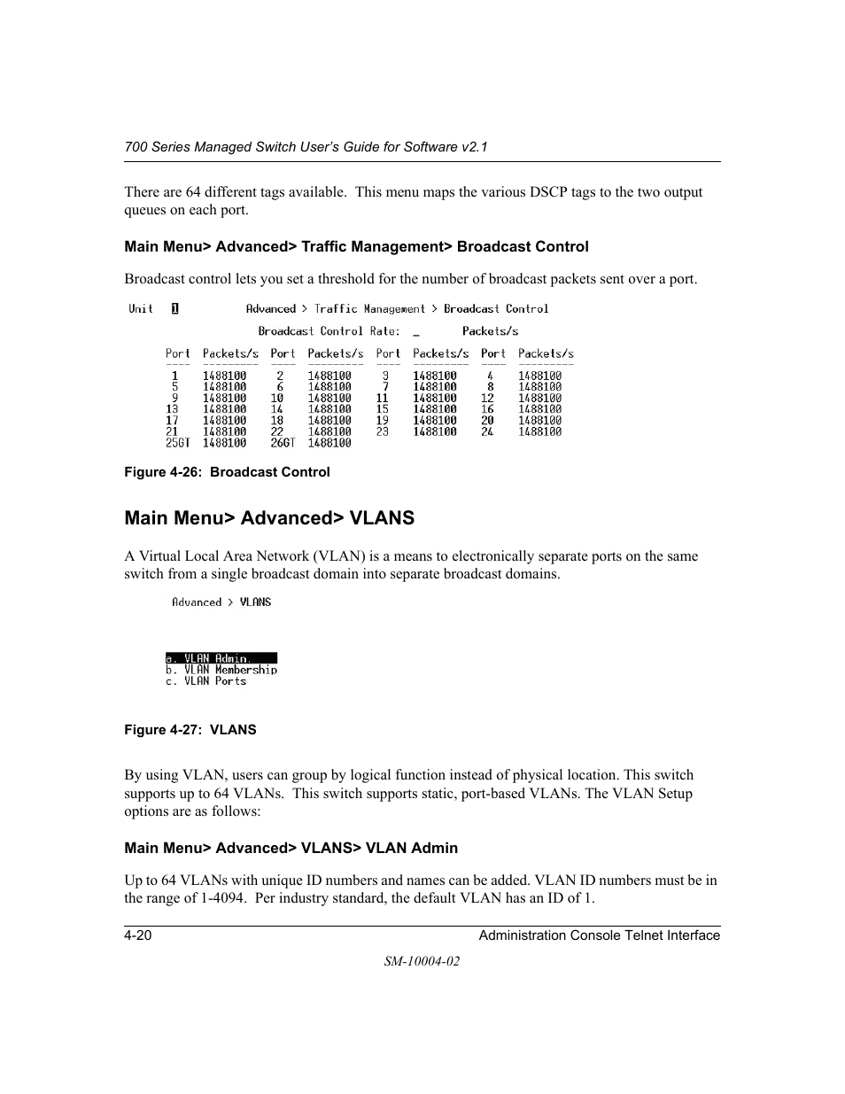 Main menu> advanced> vlans, Main menu> advanced> vlans> vlan admin, Main menu> advanced> vlans -20 | Main menu> advanced> vlans> vlan admin -20 | NETGEAR 700 Series Managed Switch for Software v2.1 User Manual | Page 40 / 152