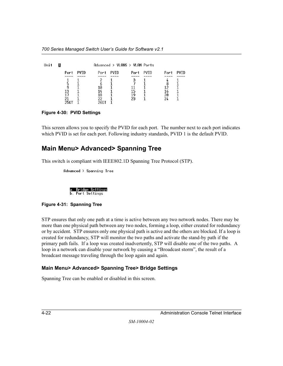 Main menu> advanced> spanning tree, Main menu> advanced> spanning tree -22 | NETGEAR 700 Series Managed Switch for Software v2.1 User Manual | Page 42 / 152