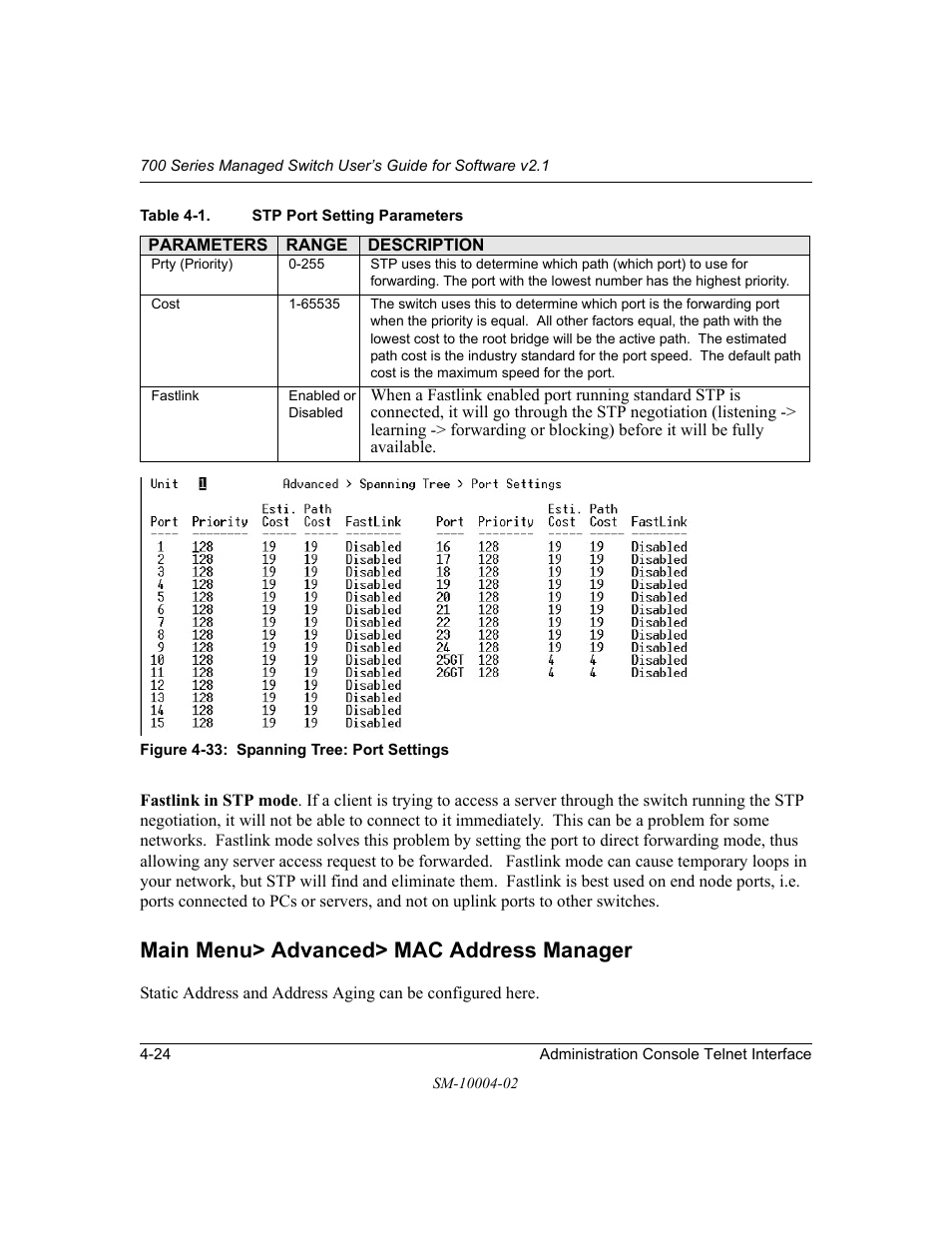 Main menu> advanced> mac address manager, Main menu> advanced> mac address manager -24 | NETGEAR 700 Series Managed Switch for Software v2.1 User Manual | Page 44 / 152