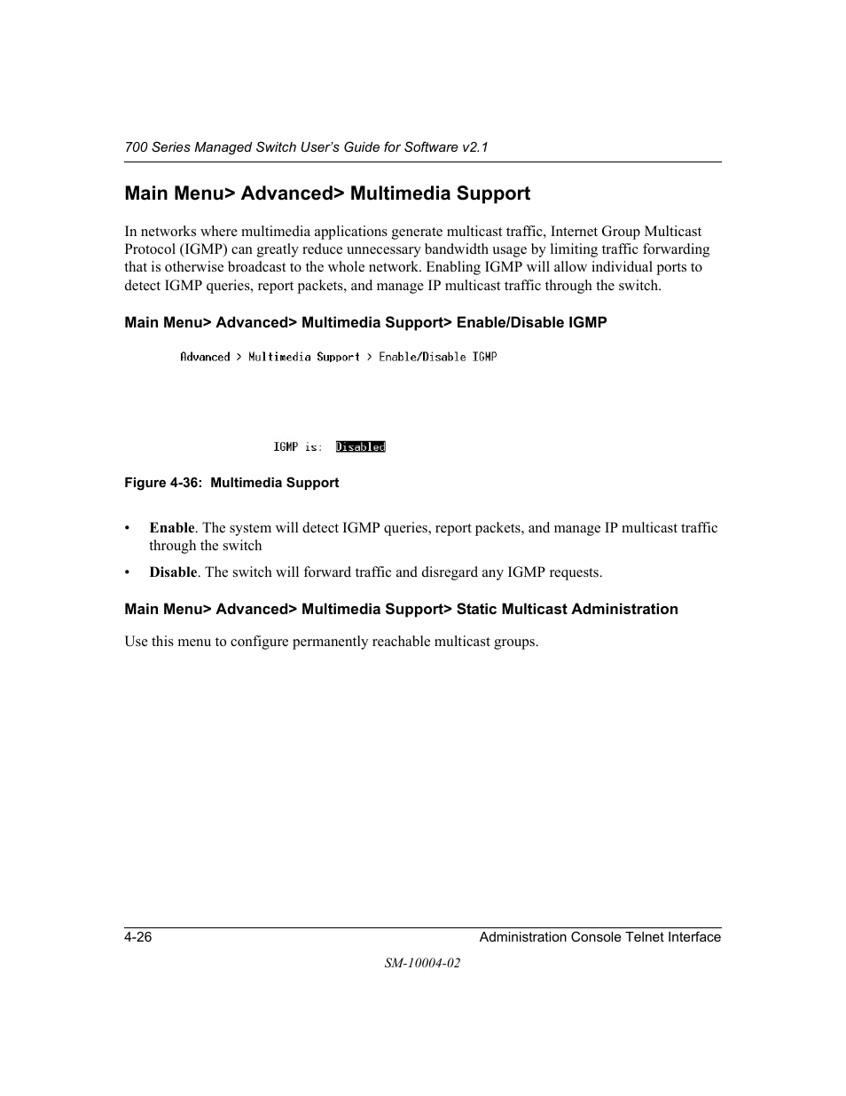 Main menu> advanced> multimedia support, Main menu> advanced> multimedia support -26 | NETGEAR 700 Series Managed Switch for Software v2.1 User Manual | Page 46 / 152