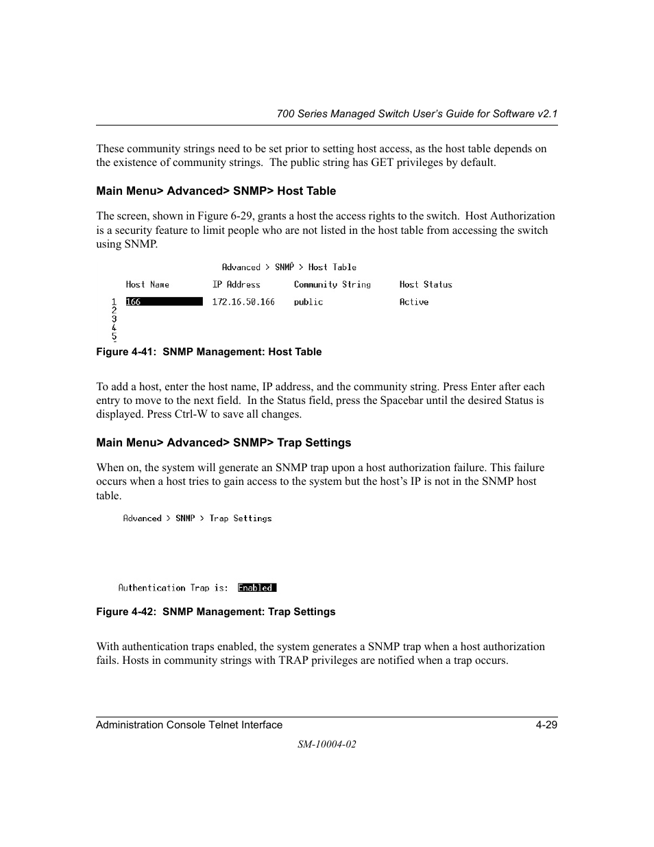 Main menu> advanced> snmp> host table, Main menu> advanced> snmp> trap settings | NETGEAR 700 Series Managed Switch for Software v2.1 User Manual | Page 49 / 152