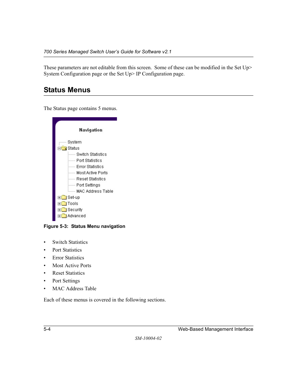 Status menus, Status menus -4 | NETGEAR 700 Series Managed Switch for Software v2.1 User Manual | Page 54 / 152
