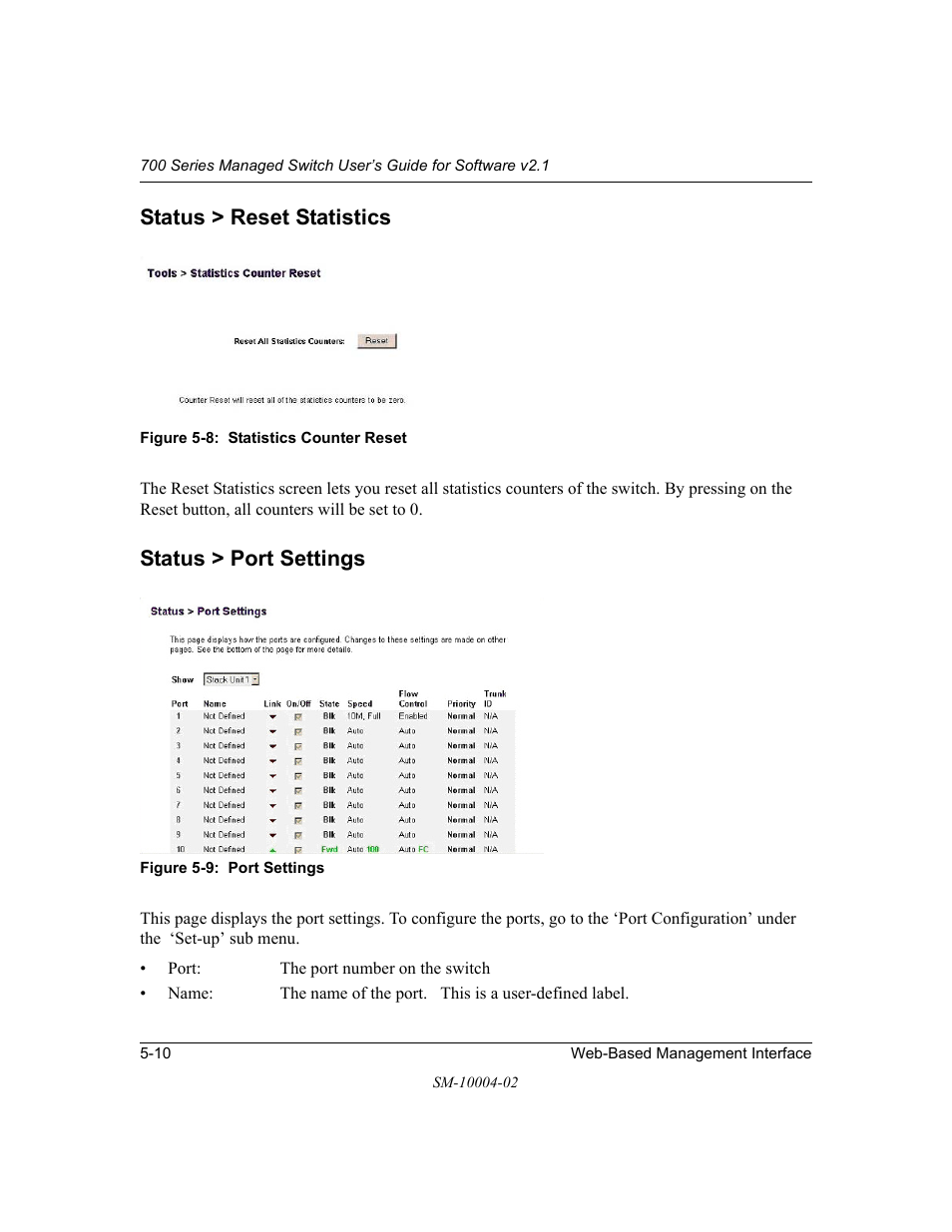 Status > reset statistics, Status > port settings | NETGEAR 700 Series Managed Switch for Software v2.1 User Manual | Page 60 / 152