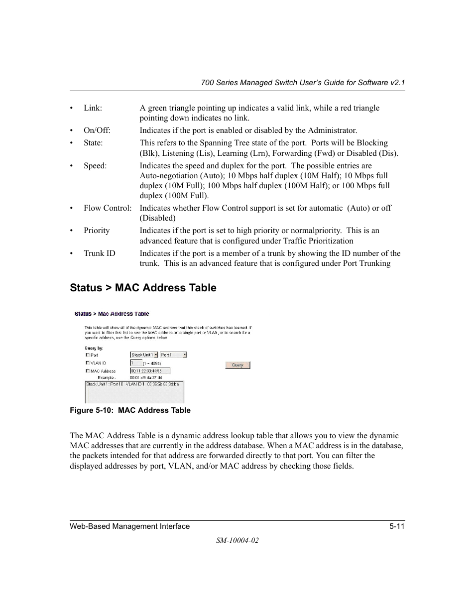 Status > mac address table, Status > mac address table -11 | NETGEAR 700 Series Managed Switch for Software v2.1 User Manual | Page 61 / 152