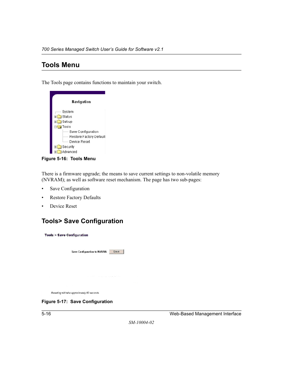 Tools menu, Tools> save configuration, Tools menu -16 | Tools> save configuration -16 | NETGEAR 700 Series Managed Switch for Software v2.1 User Manual | Page 66 / 152