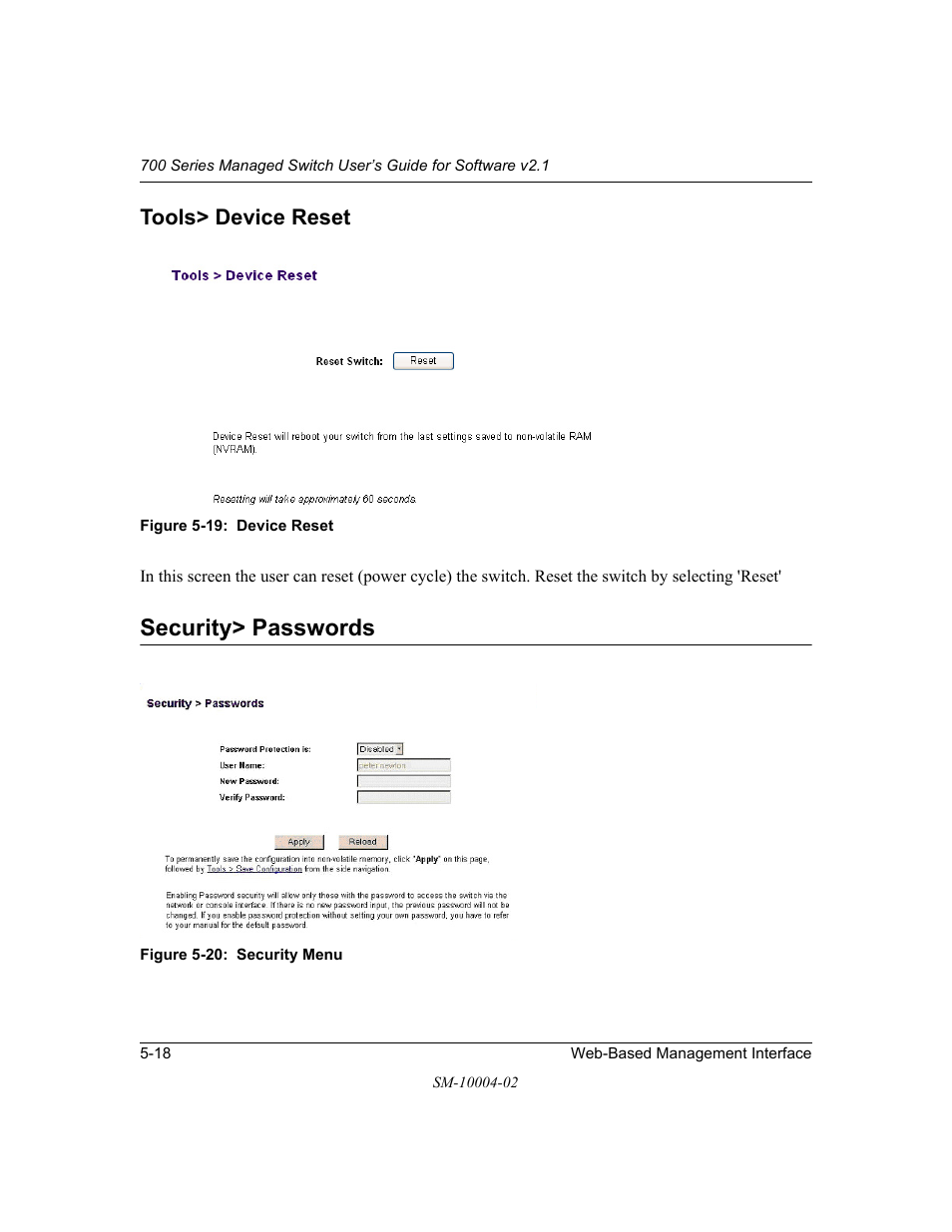 Tools> device reset, Security> passwords, Tools> device reset -18 | Security> passwords -18 | NETGEAR 700 Series Managed Switch for Software v2.1 User Manual | Page 68 / 152