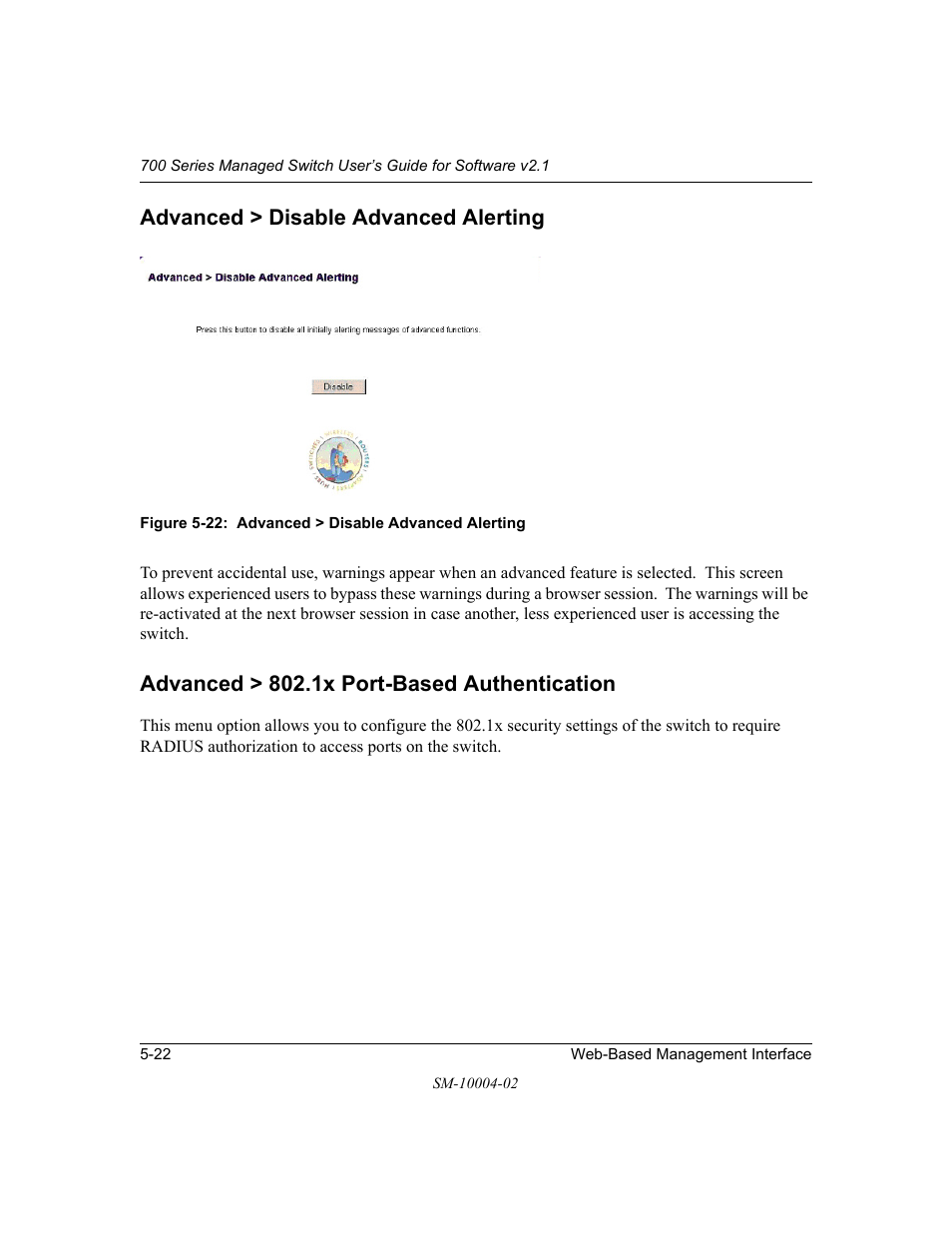 Advanced > disable advanced alerting, Advanced > 802.1x port-based authentication | NETGEAR 700 Series Managed Switch for Software v2.1 User Manual | Page 72 / 152