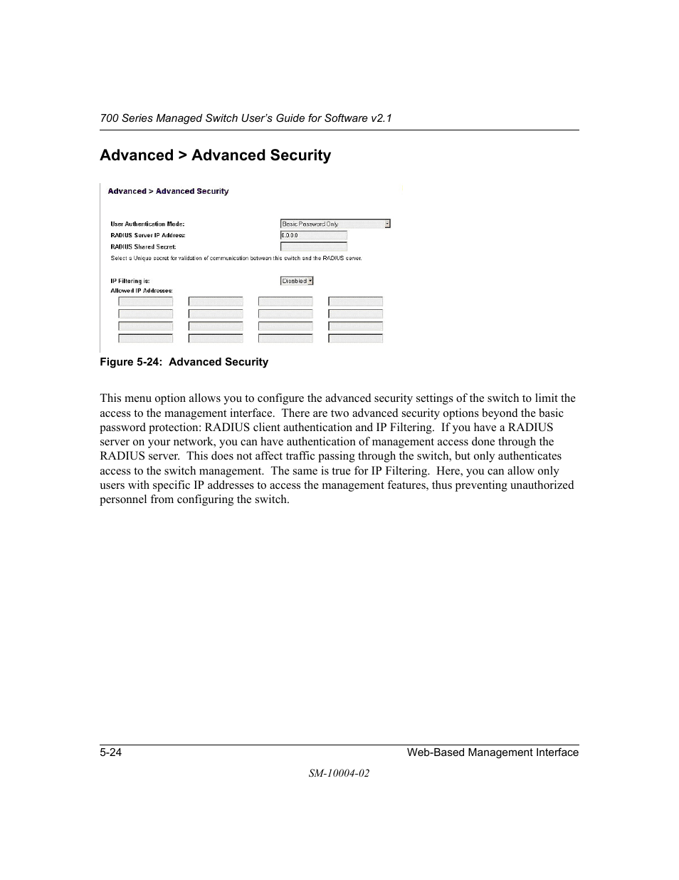 Advanced > advanced security, Advanced > advanced security -24 | NETGEAR 700 Series Managed Switch for Software v2.1 User Manual | Page 74 / 152