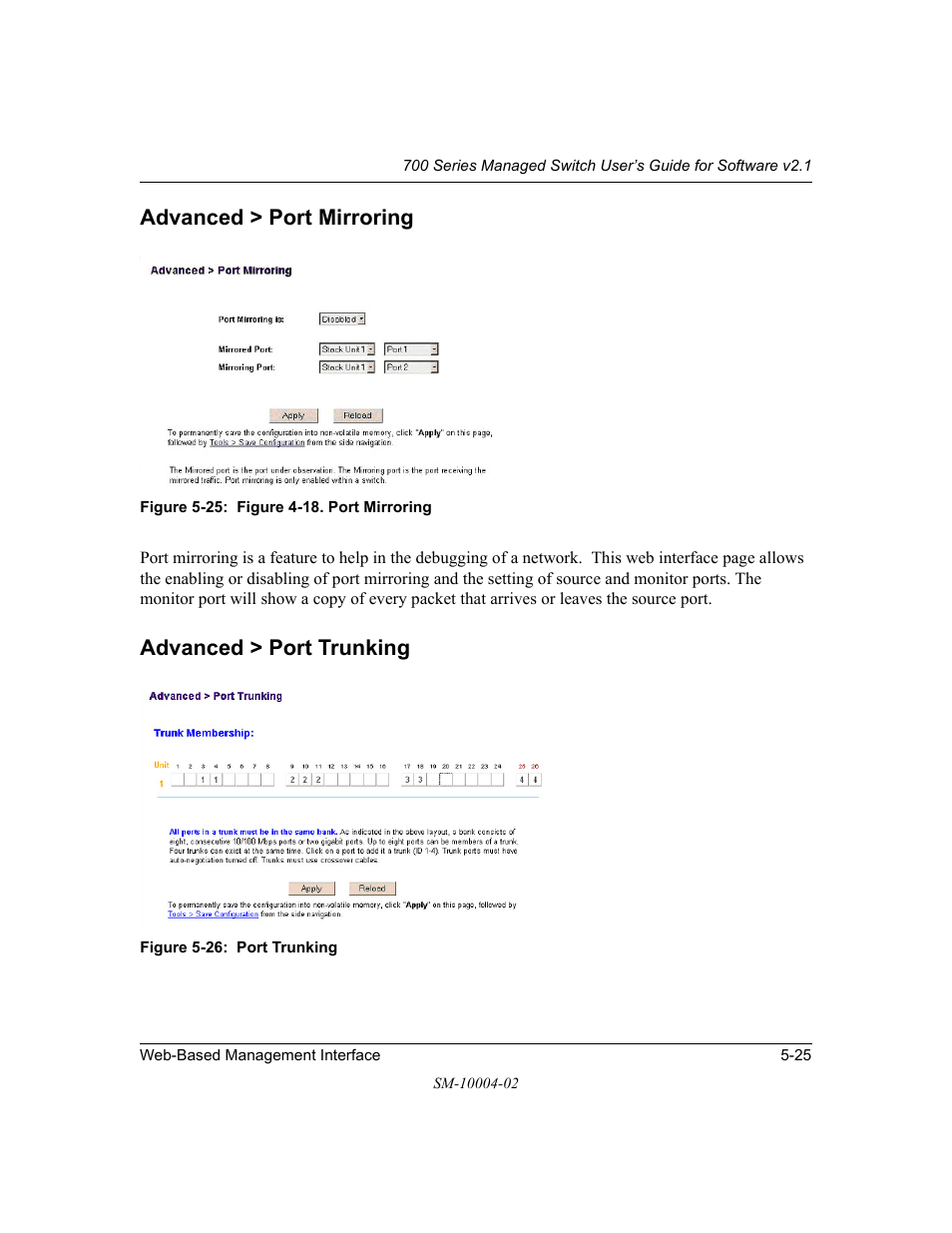 Advanced > port mirroring, Advanced > port trunking | NETGEAR 700 Series Managed Switch for Software v2.1 User Manual | Page 75 / 152