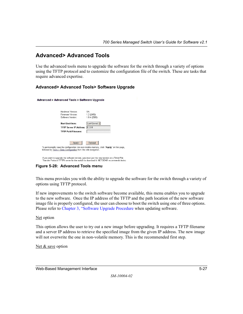 Advanced> advanced tools, Advanced> advanced tools> software upgrade, Advanced> advanced tools -27 | Advanced> advanced tools> software upgrade -27 | NETGEAR 700 Series Managed Switch for Software v2.1 User Manual | Page 77 / 152